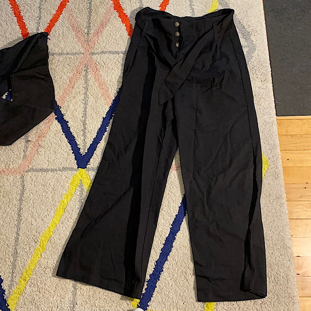 Blue Rain, black wide leg pants